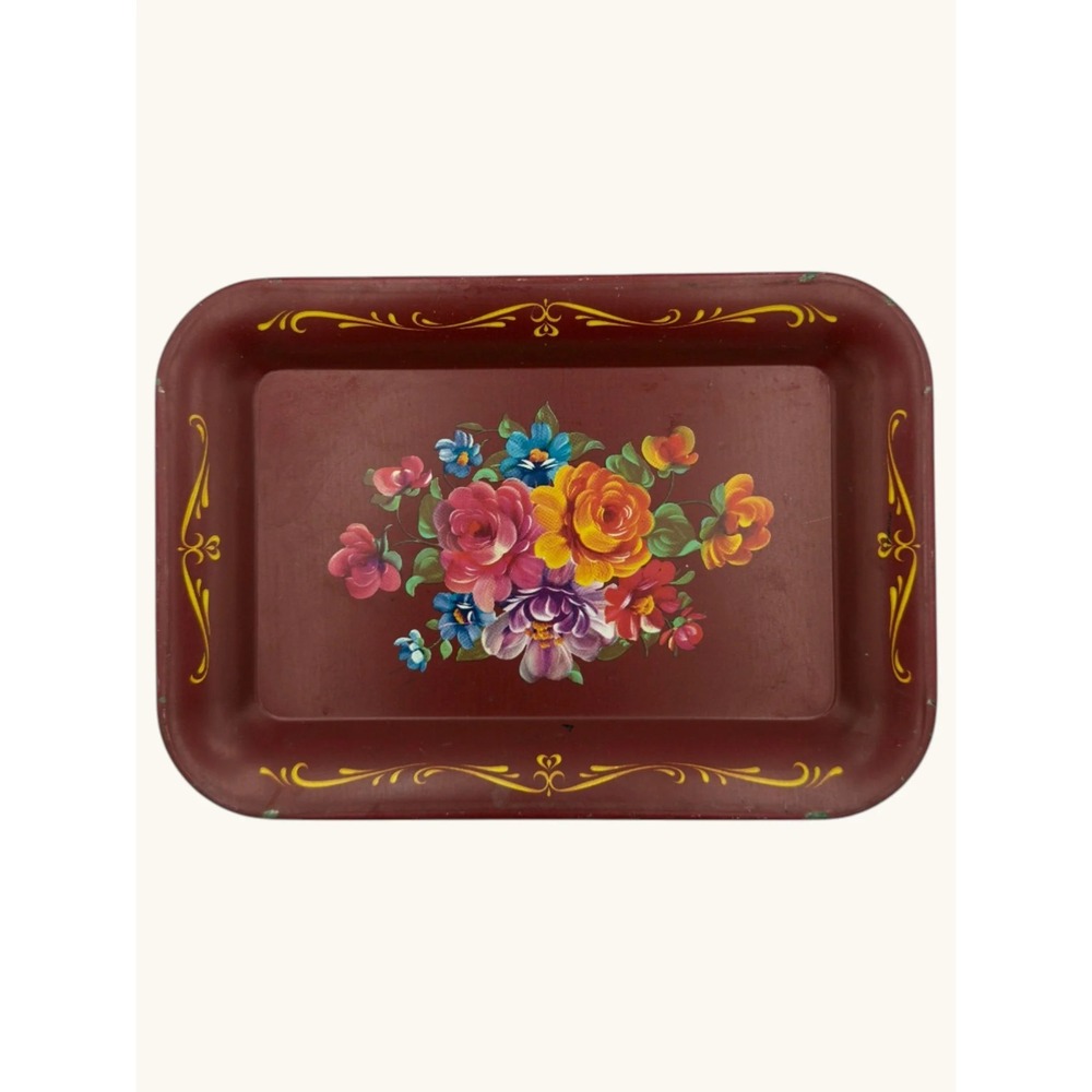 Vintage Burgundy Metal Serving Tray Floral Hand Painted Style Toleware